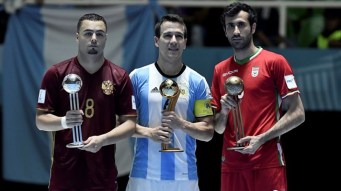 Best players at the FIFA Futsal World Cup 2016 in Colombia - Golden Ball winner Fernando Wilhelm of Argentina (C), Silver Ball winner Eder Lima of Russia (L) and Bronze Ball winner Ahmad Esmaeilpour of Iran (R) - (Photo by Gabriel Aponte - FIFA via Getty)
