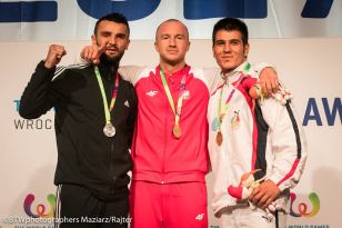 2017 X World Games in Poland. Medalists in Kickboxing (Men's K1 86kg): Polish Dawid Kasperski (gold), Bosnian Herzegovinian Mesud Selimovic (silver) and Iranian Omid Nosrati (bronze). Photo credit BTWphotographers Maziarz/Rajter