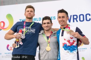 2017 X World Games in Poland. Medalists in Sport Climbing (Men's Speed): Iranian Reza Alipourshenazandifar (gold), Ukrainian Danyil Boldyrev (silver) and Russian Stanislav Kokorin (bronze). Photo credit Eddie Fowke, IFSC